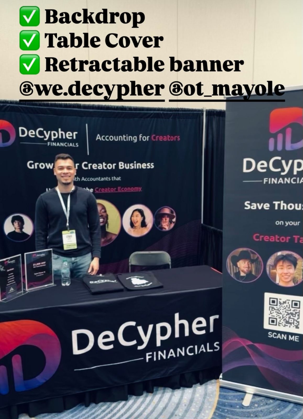 DeCypher Financials booth with backdrop, table cover and retractable banner