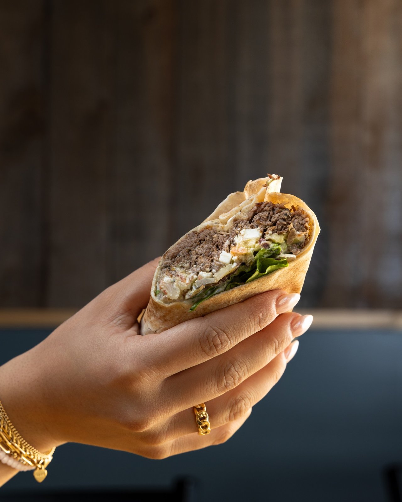 Pulled lamb wrap, food photography for Pita Thyme