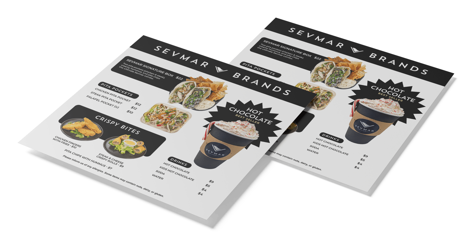 Square menus designed for Sevmar Brands