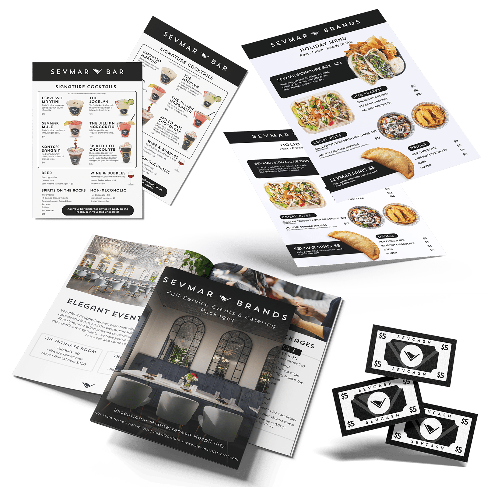 Menus, flyers, coupons and business cards designed and printed for Sevmar Brands