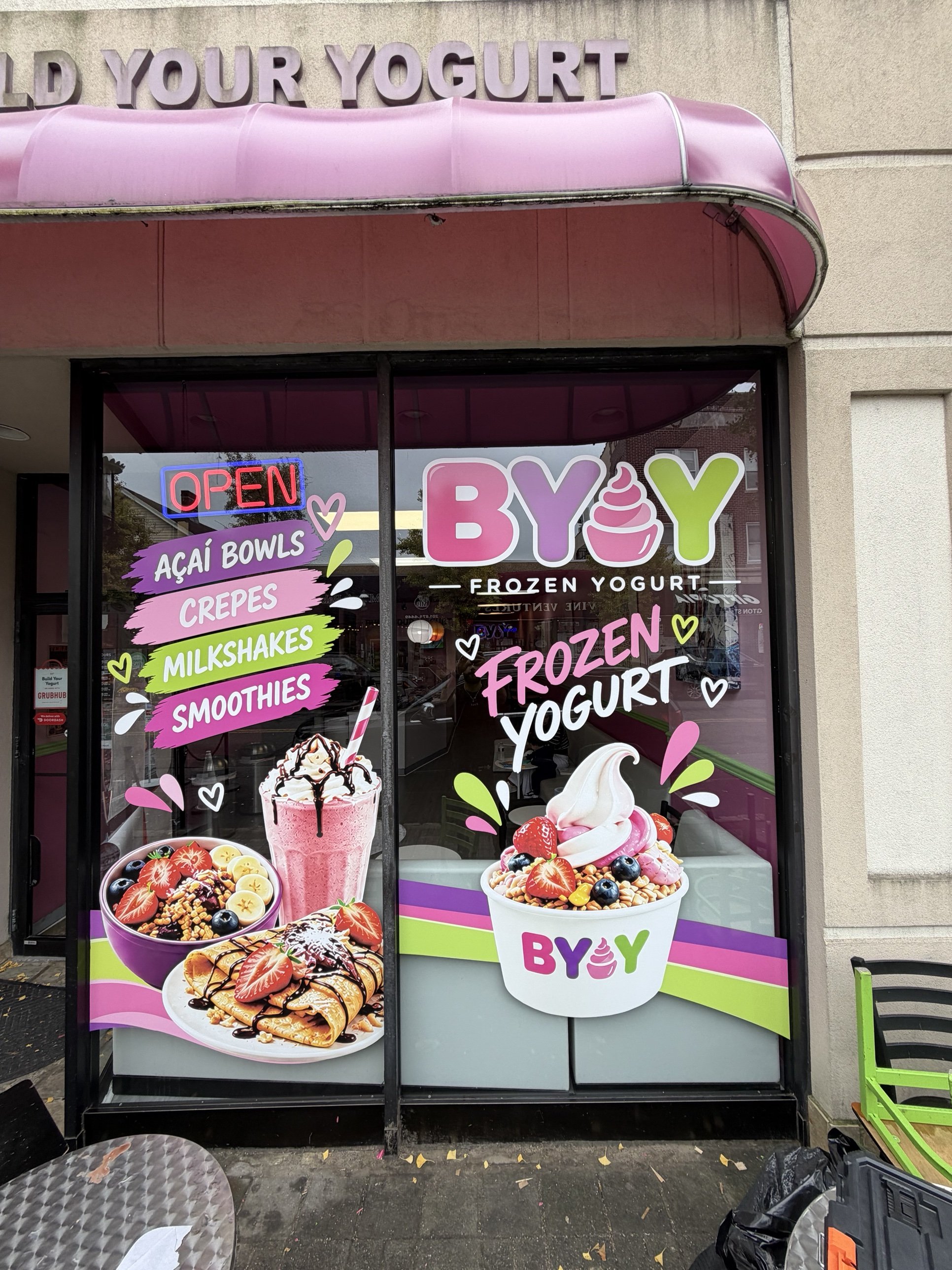Build Your Own Yogurt storefront in Tenafly, NJ with full-height window graphics