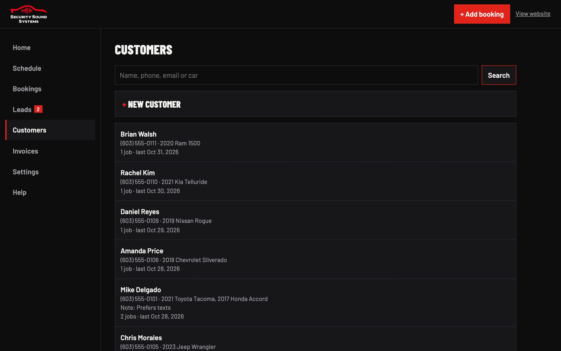 Customer list with history