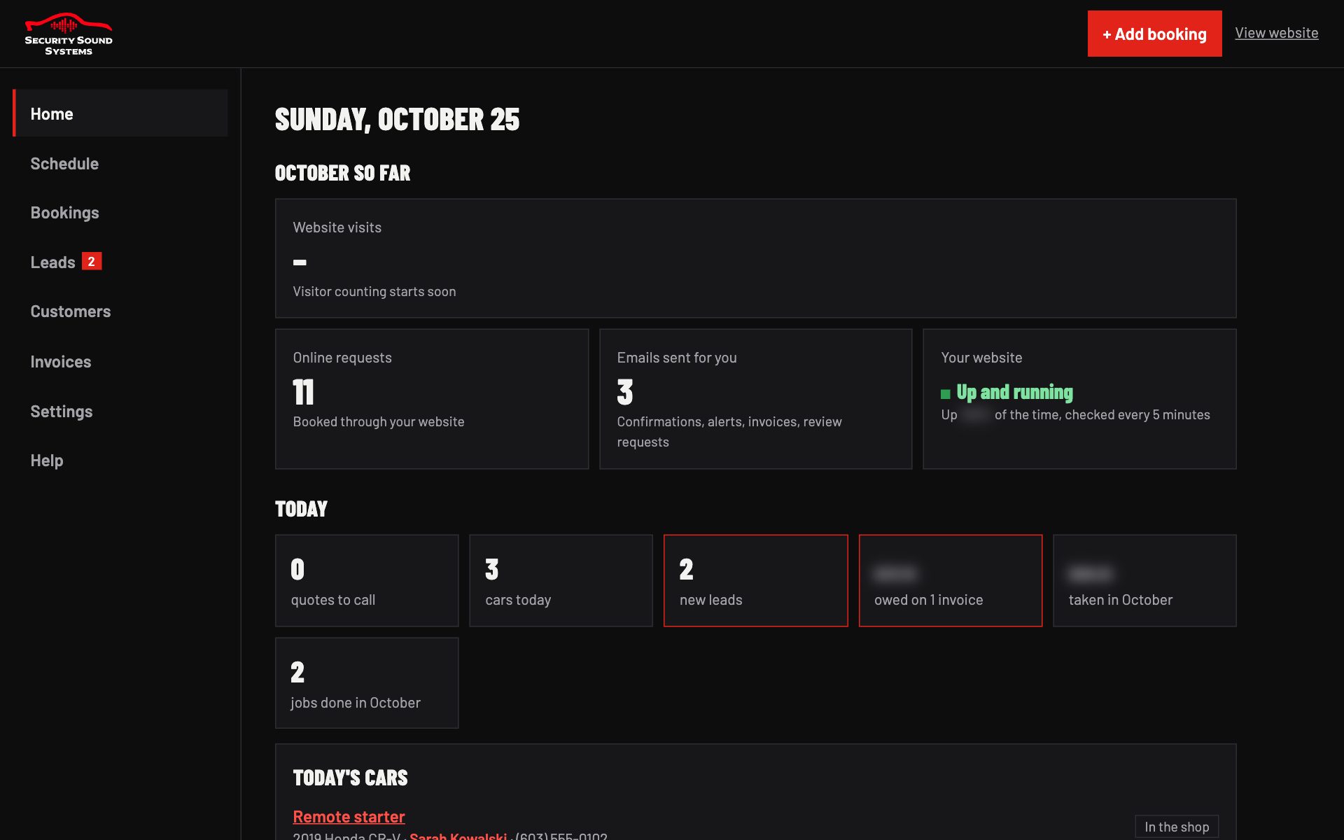 The Zouz Sites dashboard: today's bookings at a glance