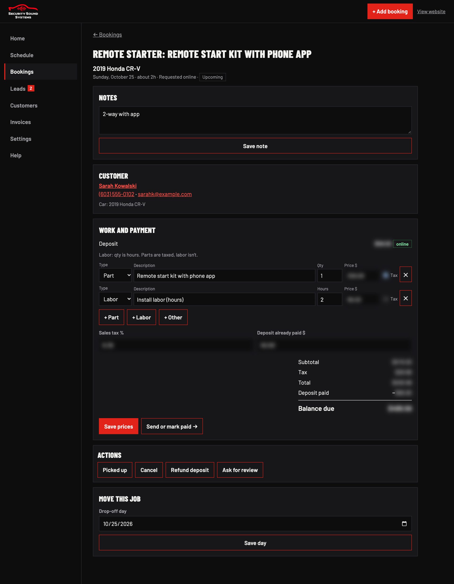 Job page with invoice and deposit