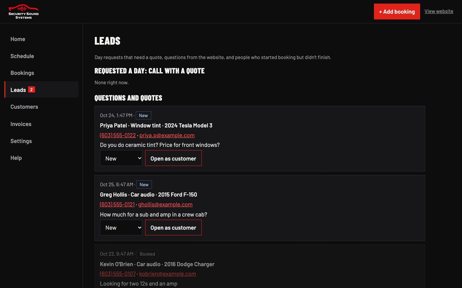 Leads: questions, quotes and unfinished bookings